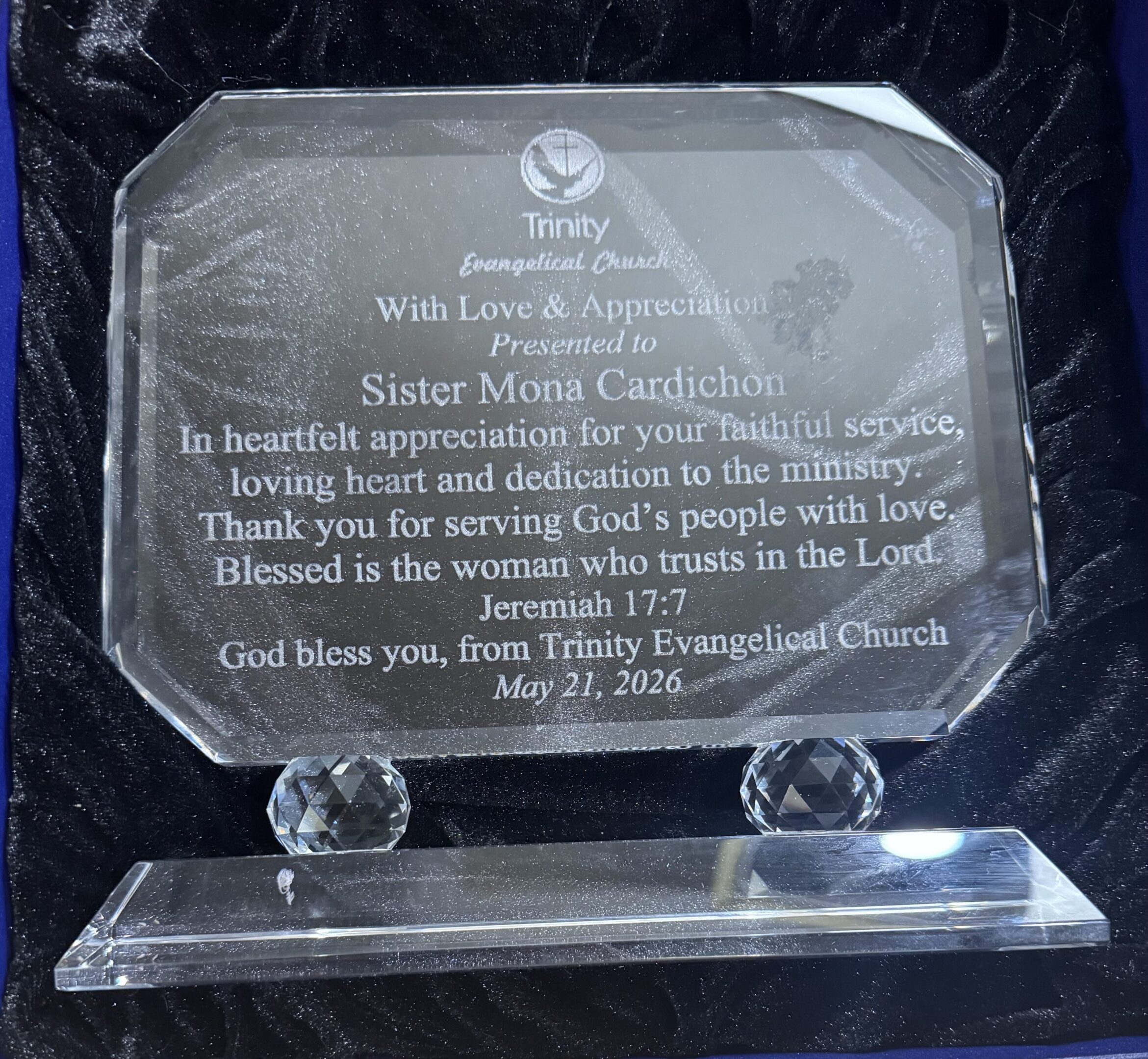 Glass church appreciation plaque with crystal base