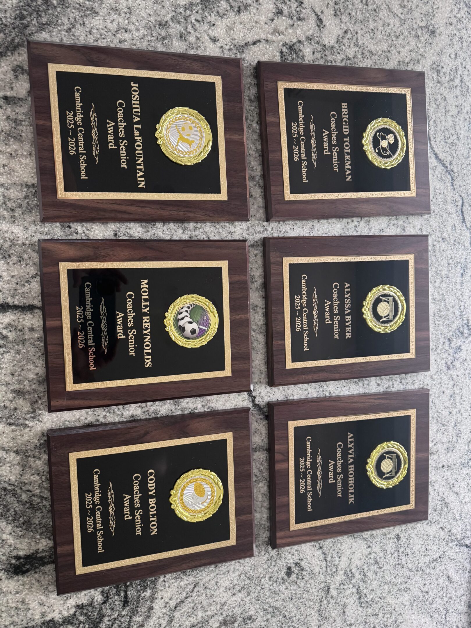 Wooden award plaques on stone surface